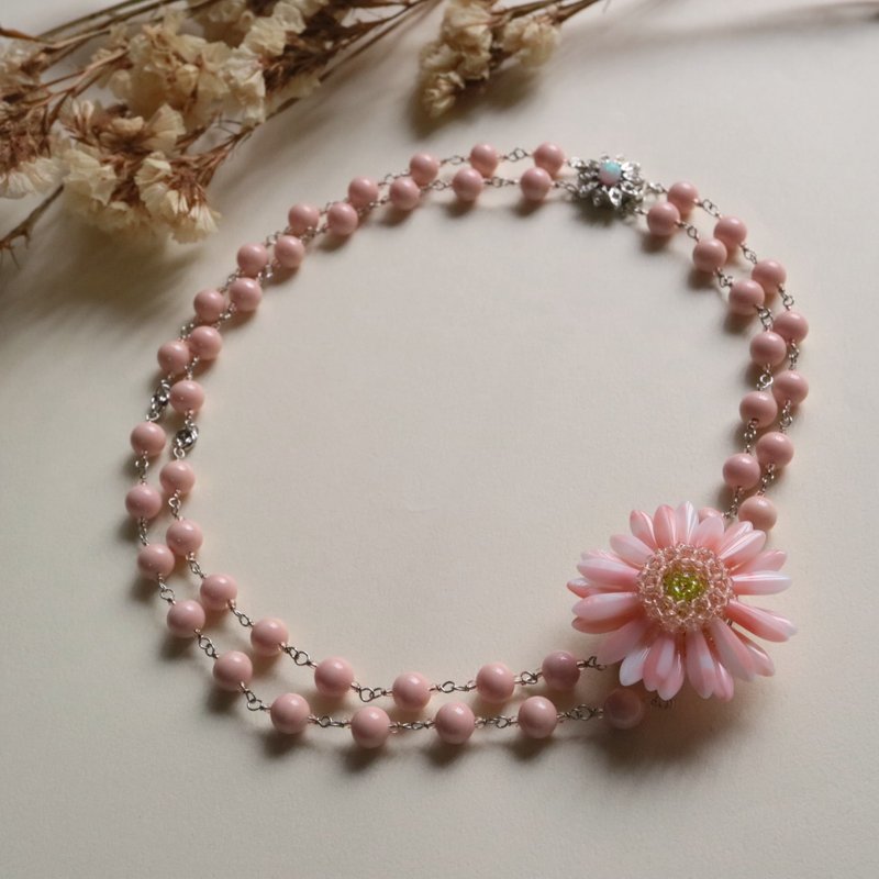 雏菊胸针与捷克玻璃珠双链项链仿宝石饰品 蜜桃奶油色 2way 优雅 时尚珠宝 套组 日本古董 - 项链 - 玻璃 橘色
