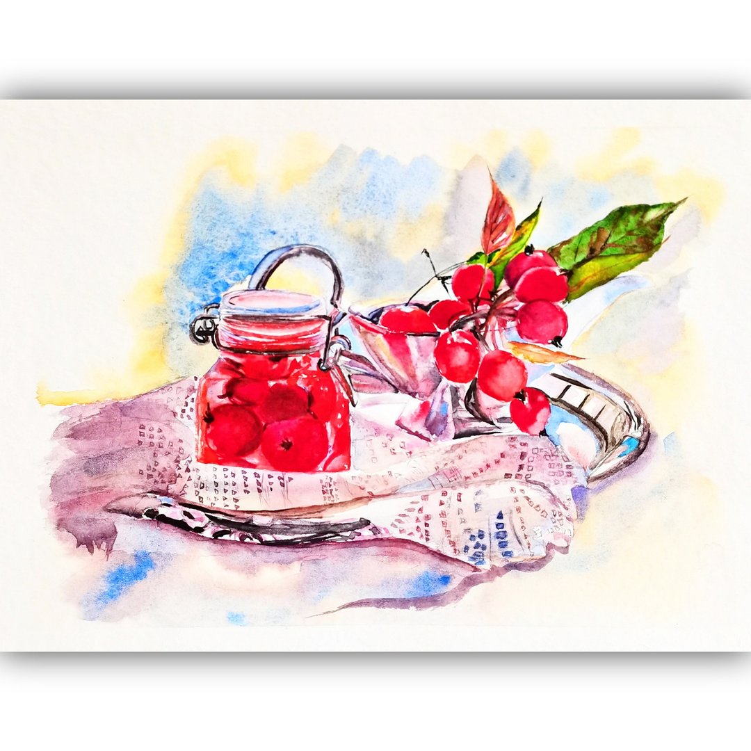 Watercolor Original Apples Painting Still Life Room Decor Art Still Life Artwork - 海报/装饰画/版画 - 纸 多色