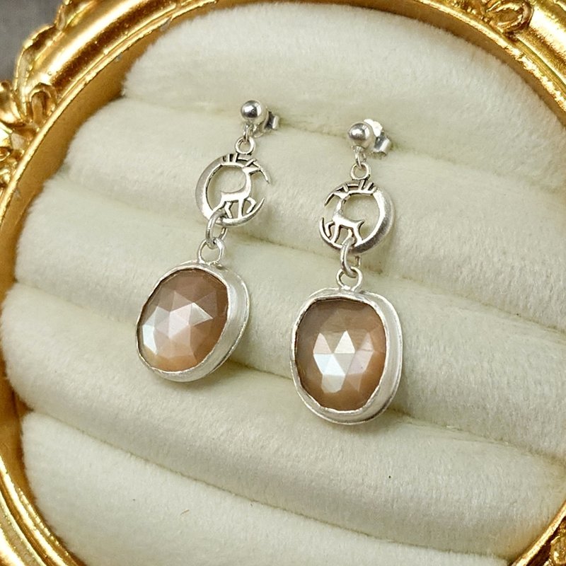 耳环 月下鹿 天然 橙色 美丽光晕 月光石 玫瑰切 925银 宝石 饰品 - 耳环/耳夹 - 宝石 