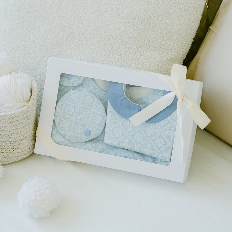 【印花乐宝宝弥月礼盒】豪华3件组/玻璃海棠/薄雾蓝 - 满月礼盒 - 棉．麻 蓝色