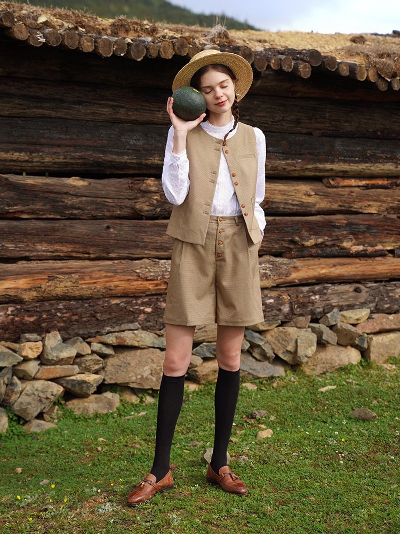 MintCheese 英伦复古优雅 秋冬棕绿细格 南瓜刺绣 小男孩中裤 - 女装短裤 - 其他人造纤维 咖啡色