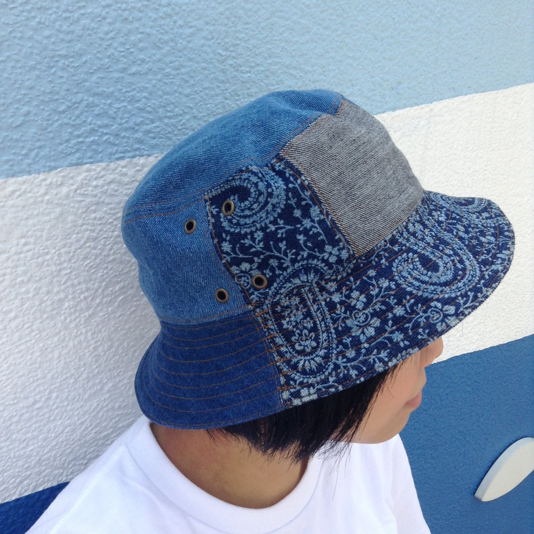 Denim Patchwork Hat 牛仔拼布 丹宁 渔夫帽 帽子 拼布 男女皆宜 - 帽子 - 棉 蓝色