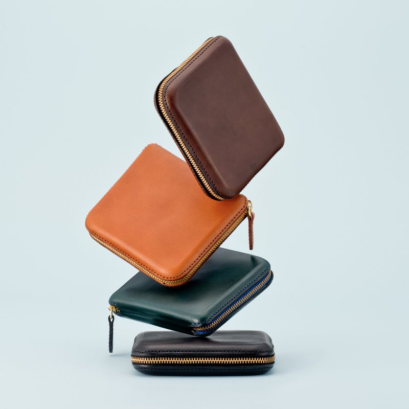 植鞣革牛皮ㄇ字拉链短夹 - 深蓝 - 皮夹/钱包 - 真皮 