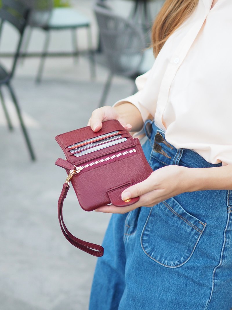 Mary (酒红色)：迷你钱包、短夹、牛皮、深红色、拉链小包 - 皮夹/钱包 - 真皮 红色