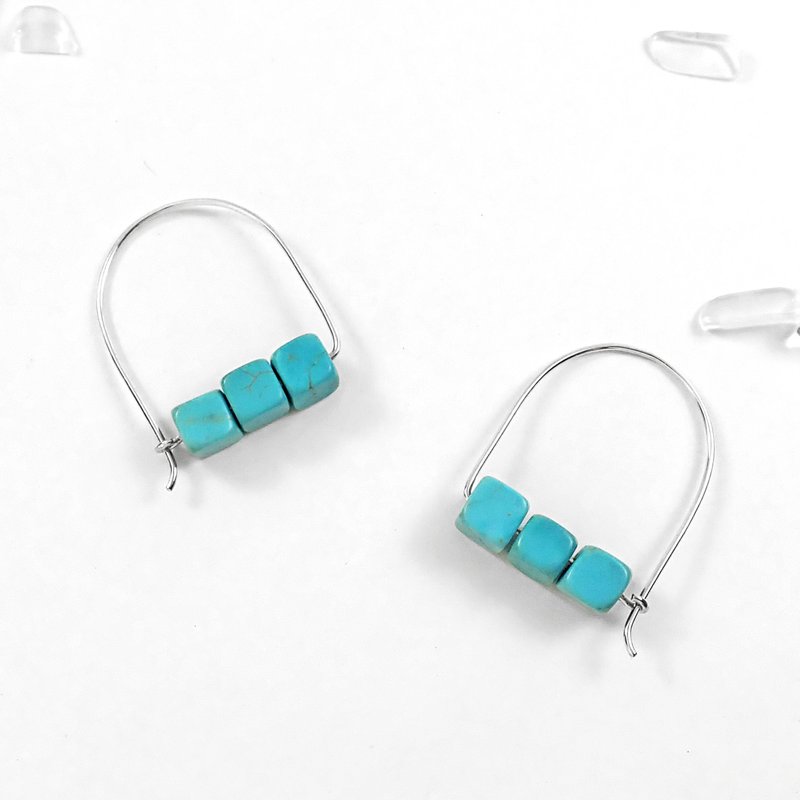 最后一副 - 天然方块土耳其石半圆弧925纯银线耳针耳环.渡假风 - 耳环/耳夹 - 宝石 蓝色