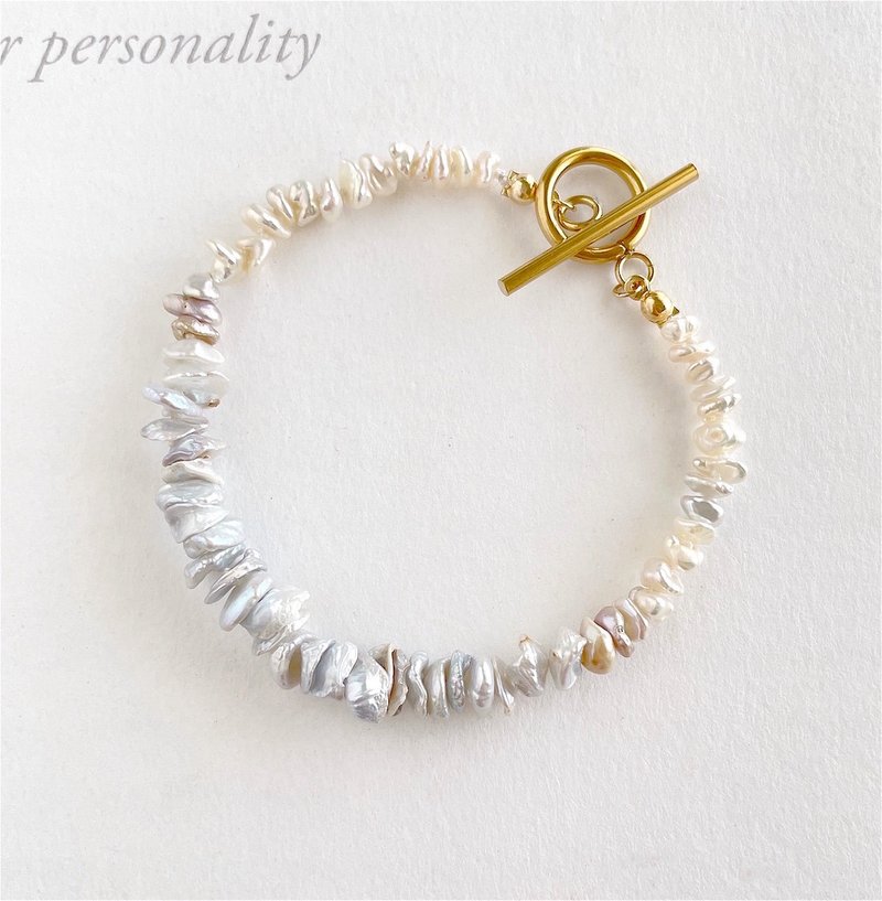 淡水珍珠 素面珍珠 雪花银 双色 手链 - 手链/手环 - 珍珠 银色