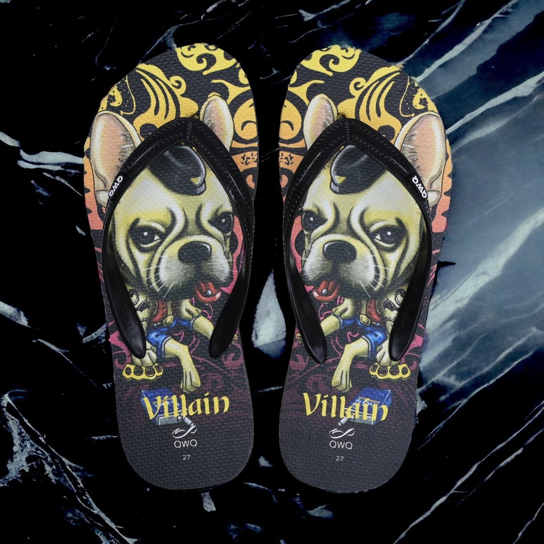 男生法斗狗狗夹脚拖鞋 软Q止滑情侣人字拖鞋 黑色 -Villain Dog- - 拖鞋 - 橡胶 多色