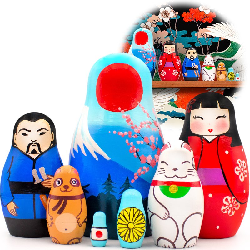 Nesting Dolls Set of 7 pcs - Matryoshka with Japanese Decorations - Symbols of J - 玩具/玩偶 - 木头 多色