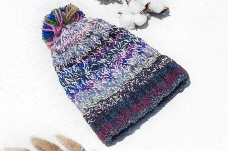 手工编织纯羊毛帽/编织帽/针织毛帽/内刷毛手织毛帽-北欧渐层葡萄 - 帽子 - 羊毛 多色