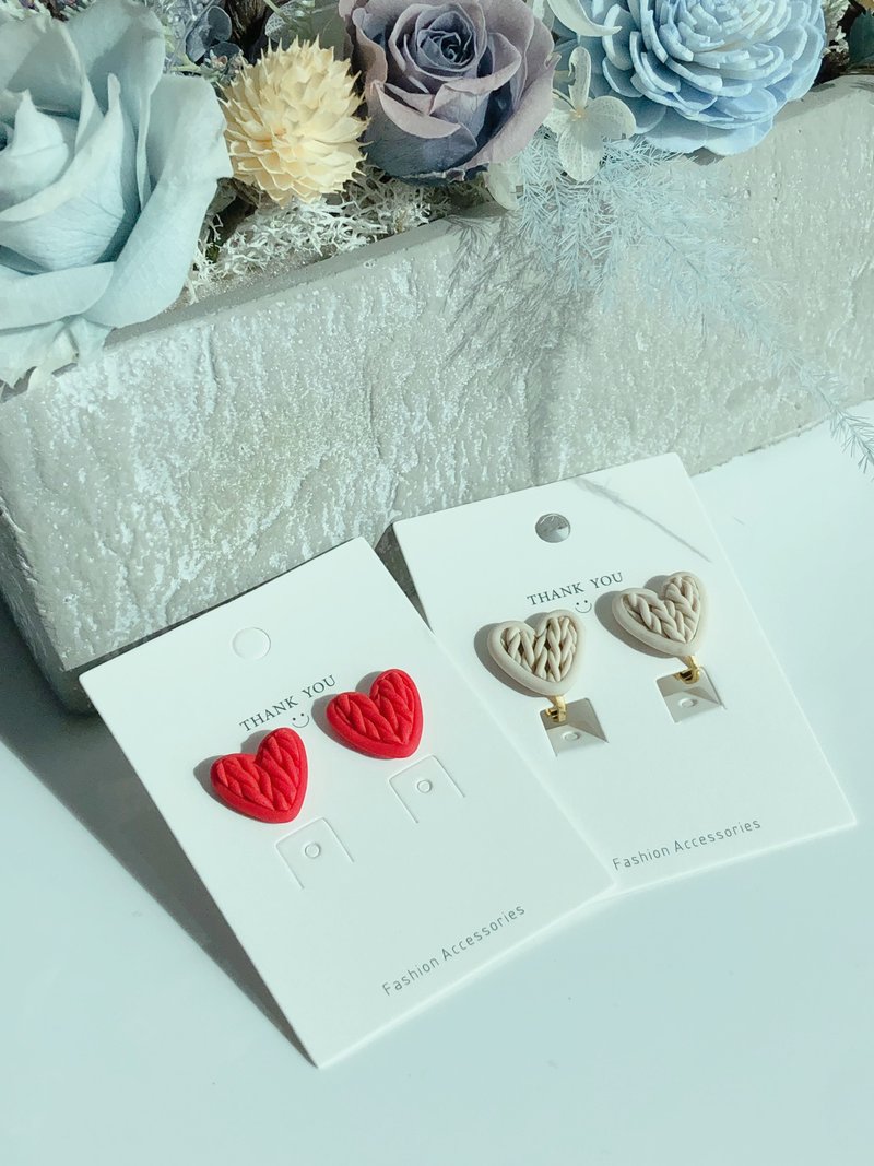 针织心心软陶耳环/耳夹 - 耳环/耳夹 - 陶 