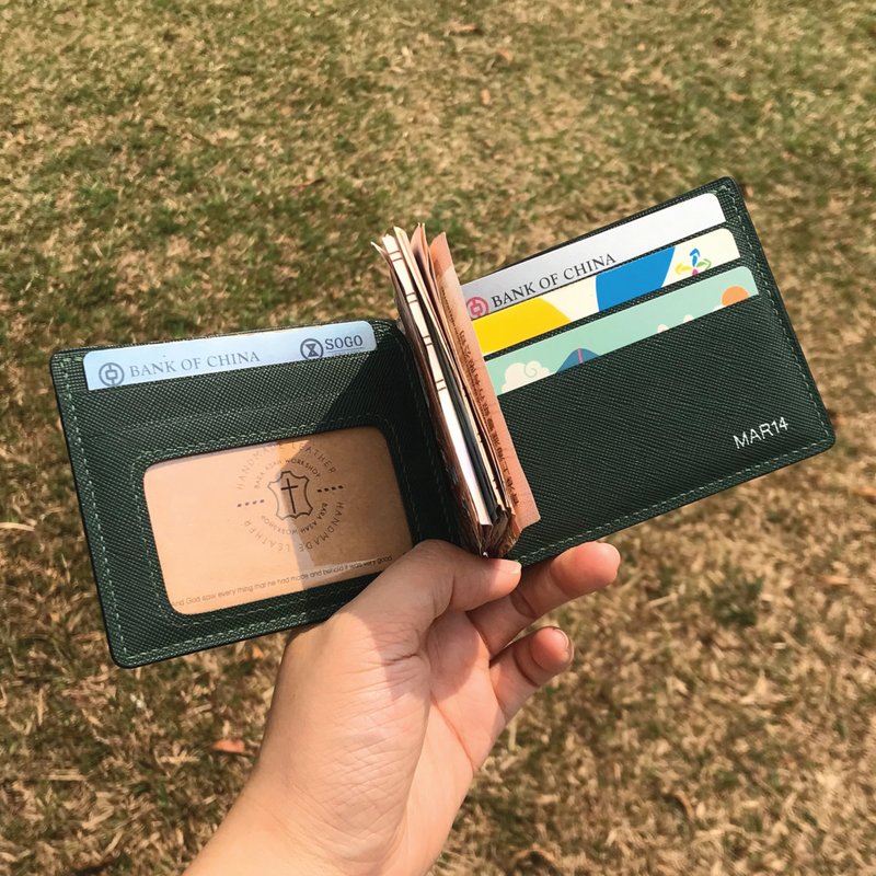 【钱夹钱包】绿色十字纹牛皮/纤薄轻巧/男女适用款/免费压字 - 皮夹/钱包 - 真皮 绿色