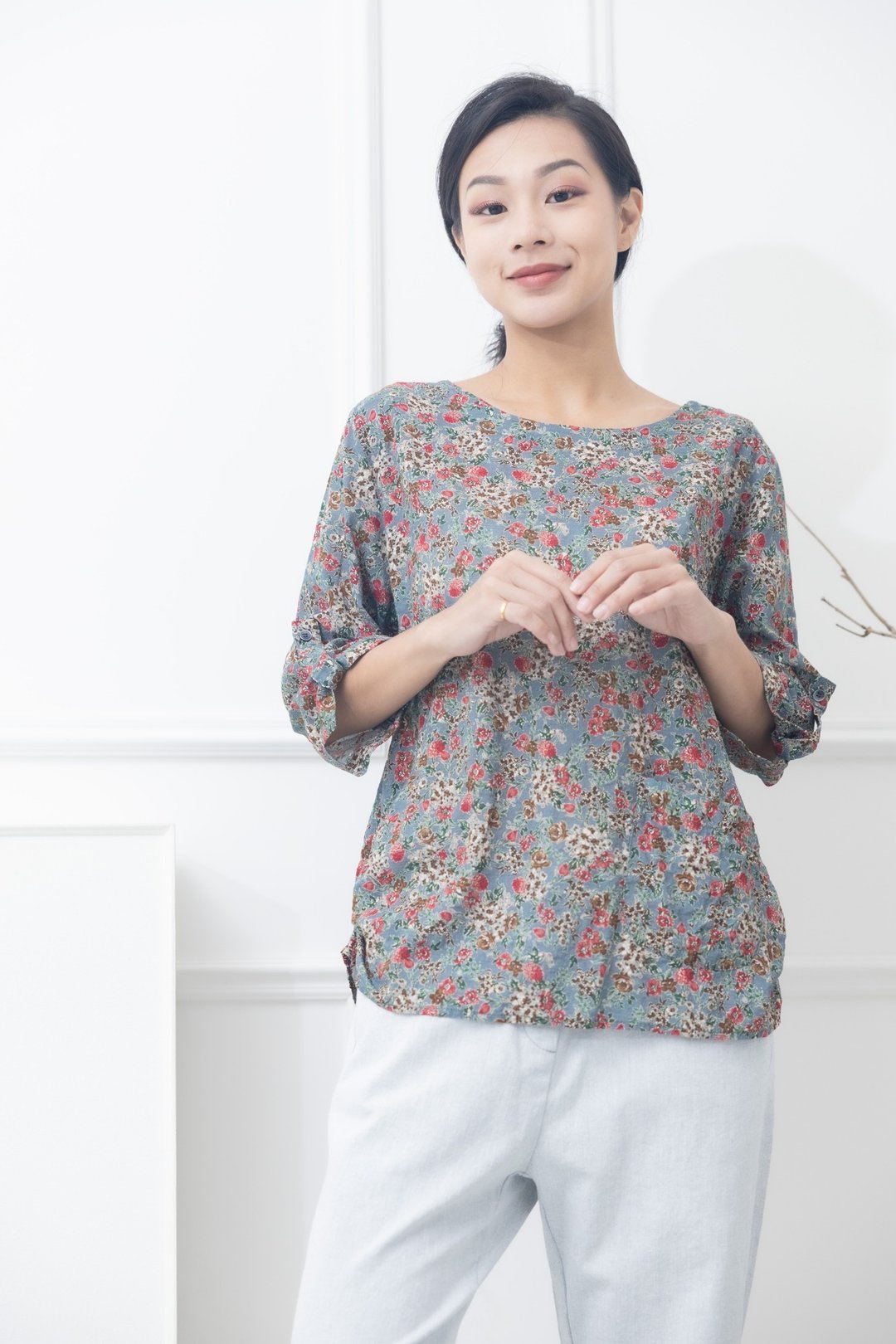 小碎花红棕绿小花绿叶七分袖上衣  蓝绿色 - 女装上衣 - 其他材质 蓝色