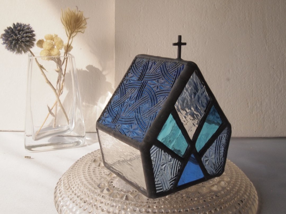 CELTIK Night blue mini candle holder stained glass - 蜡烛/烛台 - 玻璃 蓝色