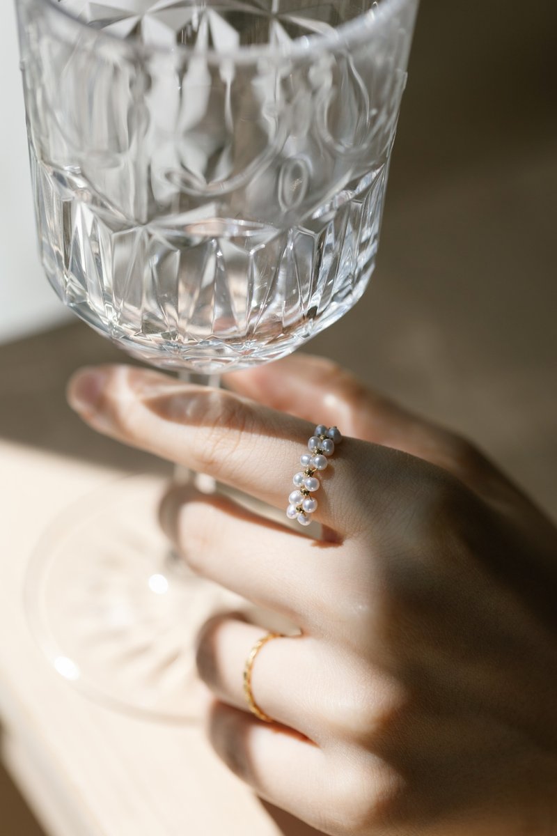 订制款 天然淡水珍珠 可调节编织链戒 戒指 - 戒指 - 珍珠 金色