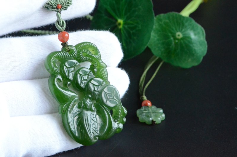 【福在眼前】天然俄料菠菜绿碧玉吊坠项链 - 项链 - 宝石 