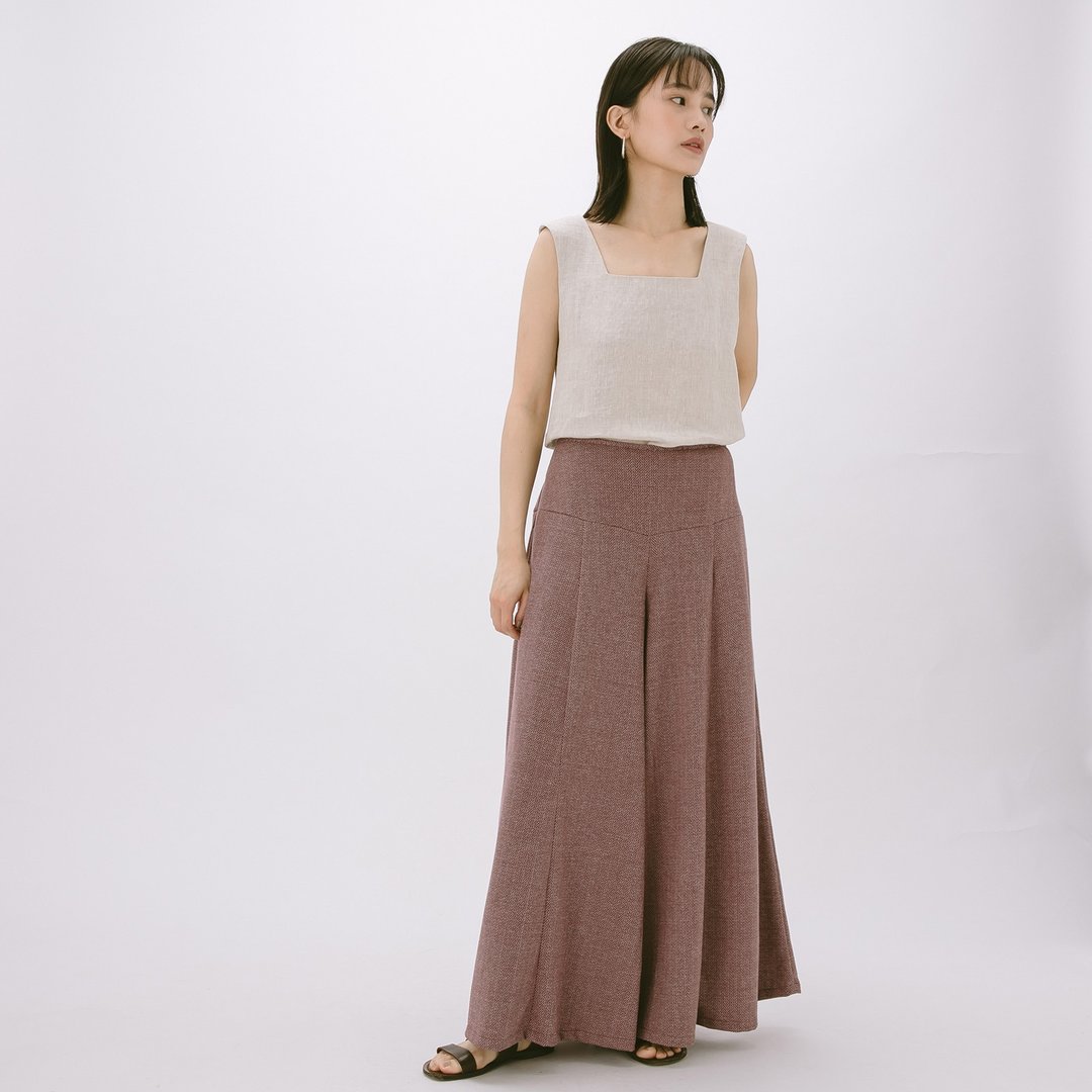 手工棉麻宽摆裤裙 - 人字红 - 女装长裤 - 棉 红色