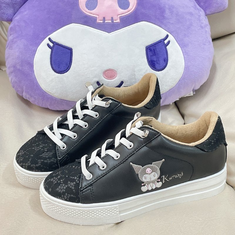 Paidal x Kuromi酷洛米 蕾丝免绑带厚底休闲鞋不弯腰鞋-黑 - 女款休闲鞋 - 人造皮革 黑色