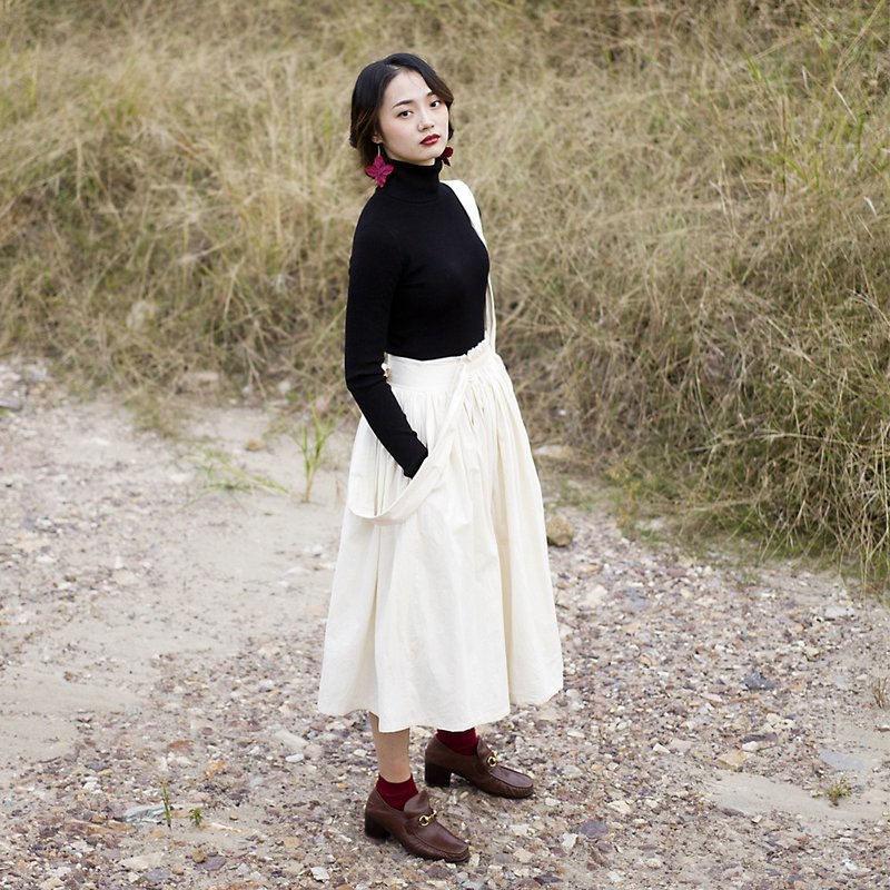 棉麻复古半裙新品自制百搭法式田园系带半身裙子大摆可调节背带裙 - 裙子 - 棉．麻 