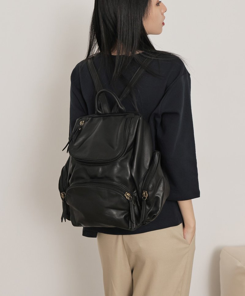 supportingrole 轻量羊皮U开口多空间设计后背包 黑 - 后背包/双肩包 - 真皮 黑色