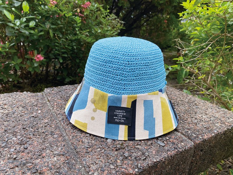 拉菲草异材质双面渔夫帽 黄蓝黑色块及蓝底白线款 - 帽子 - 其他材质 蓝色