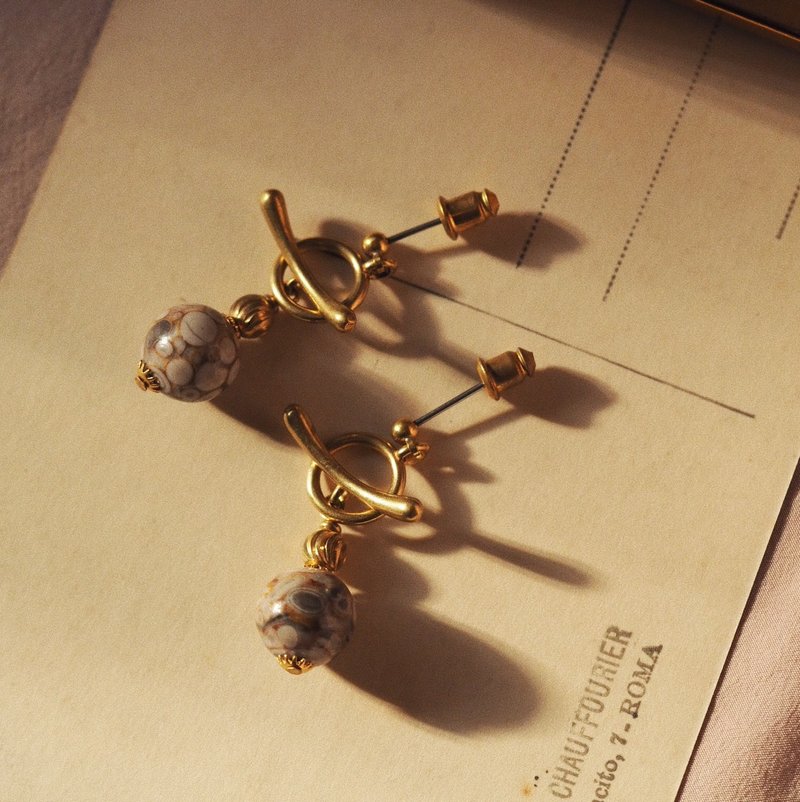 造型OT扣 可拆天然石多戴法耳环-G款菊花石 - 耳环/耳夹 - 铜/黄铜 金色