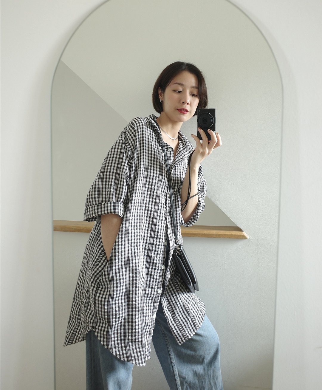 Kati oversized 3/4 roll up sleeve plaid casual dress shirt with side pockets - 洋装/连衣裙 - 棉 黑色