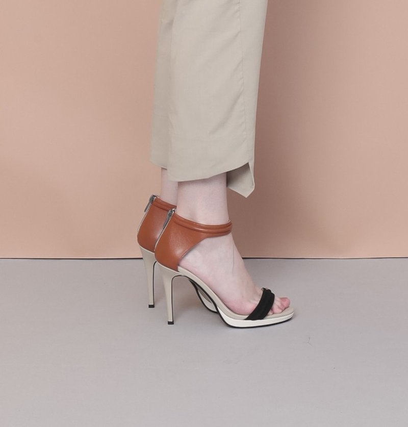 柔调拼接细带 露趾细高跟真皮凉鞋 橘黑 - 男女凉鞋 - 真皮 橘色