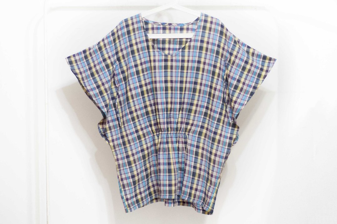 格纹上衣/拼接蝴蝶袖上衣/纯棉宽版上衣/ethnic tops-原味紫方格 - 女装上衣 - 棉 多色