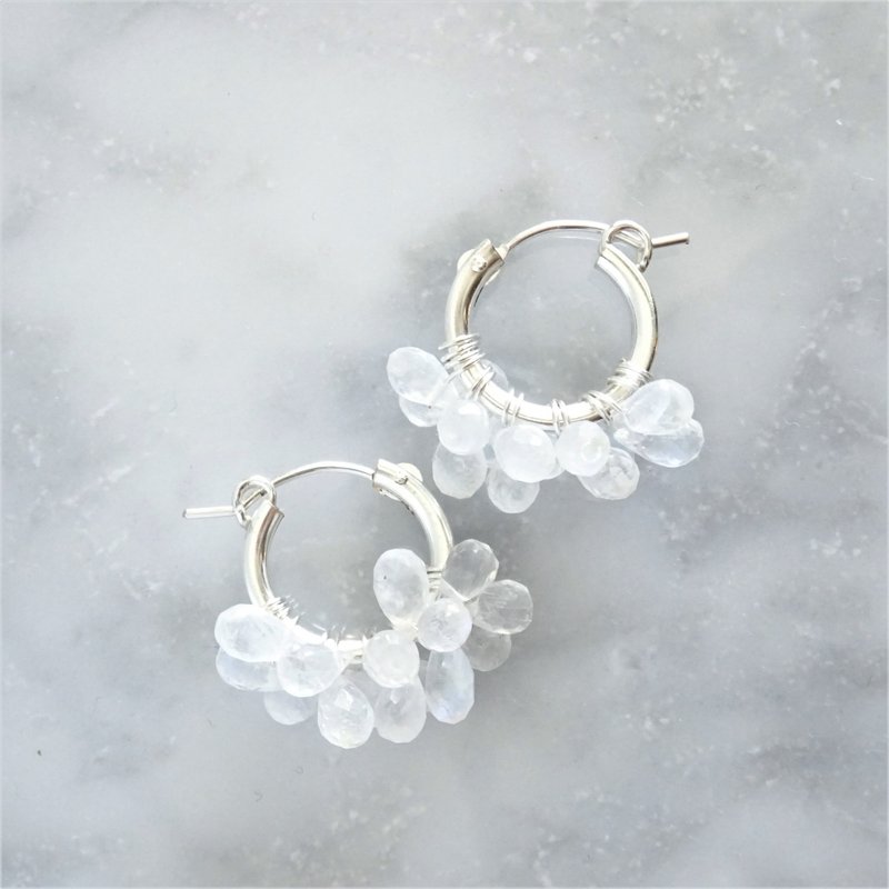 925银镀银 宝石级彩虹月光石包镶圆环耳针 / 耳夹 - 耳环/耳夹 - 宝石 透明