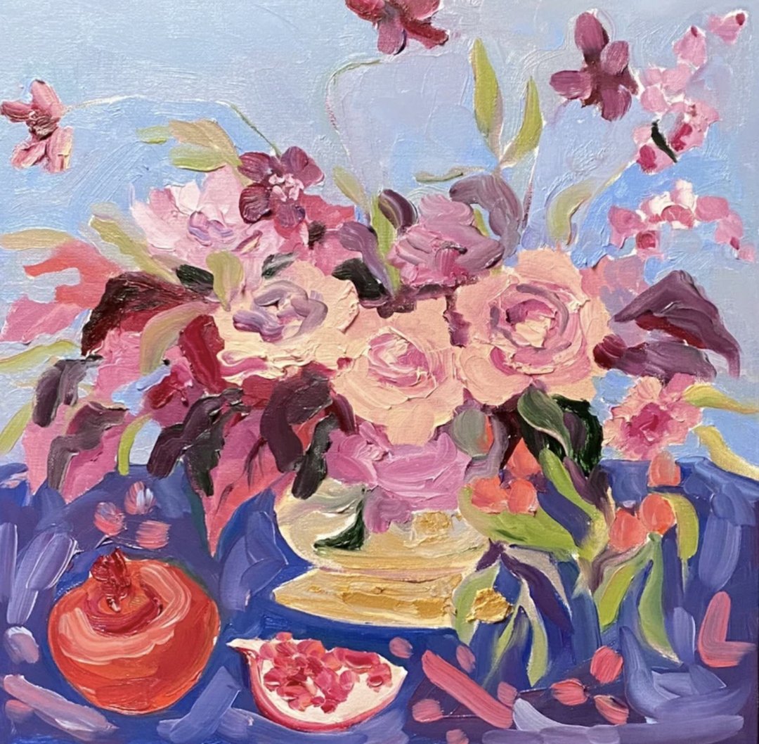 Still life with Roses and Pomegranate, Original oil painting on canvas, Flowers - 墙贴/壁贴 - 其他材质 粉红色