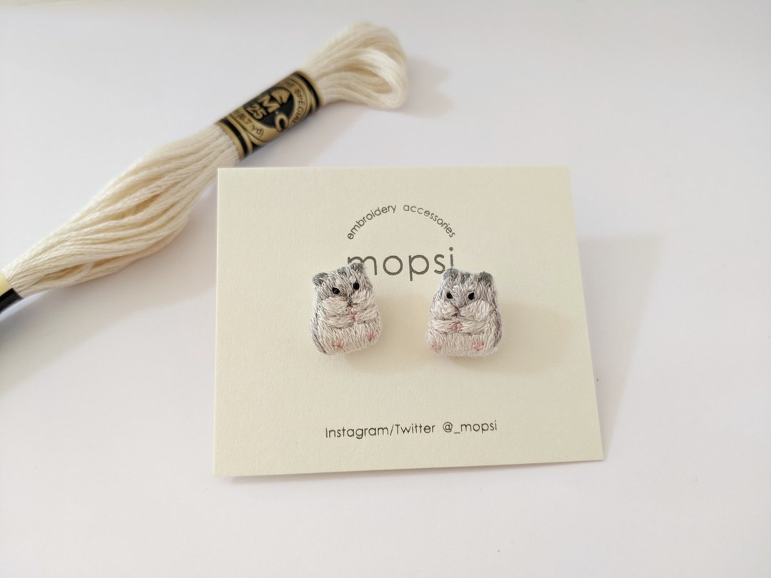 Djungarian hamster embroidery earrings / Clip-On - 耳环/耳夹 - 绣线 灰色