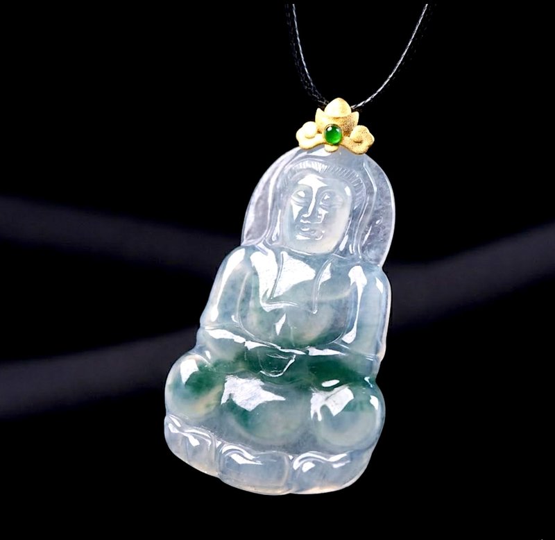 冰种飘蓝花翡翠观音菩萨项链 18K 金 | 天然缅甸玉翡翠 A 货 | 送礼 - 项链 - 玉石 透明