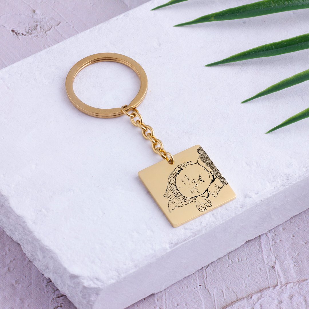 Customized Keychain Kid Photo Baby Picture Keychain Key Ring New Gift Engrave - 钥匙链/钥匙包 - 其他金属 黄色