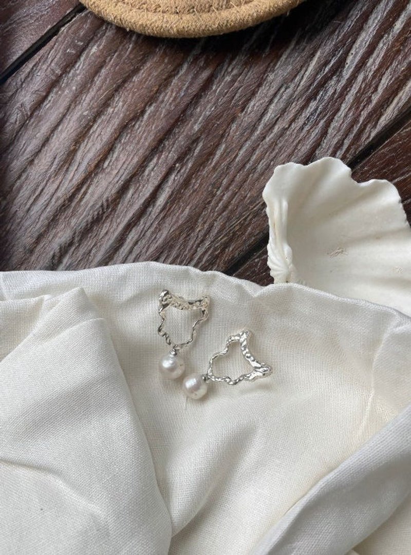 人字形银耳环、几何银耳环、吊坠耳环、波西米亚风珍珠 - 耳环/耳夹 - 纯银 银色