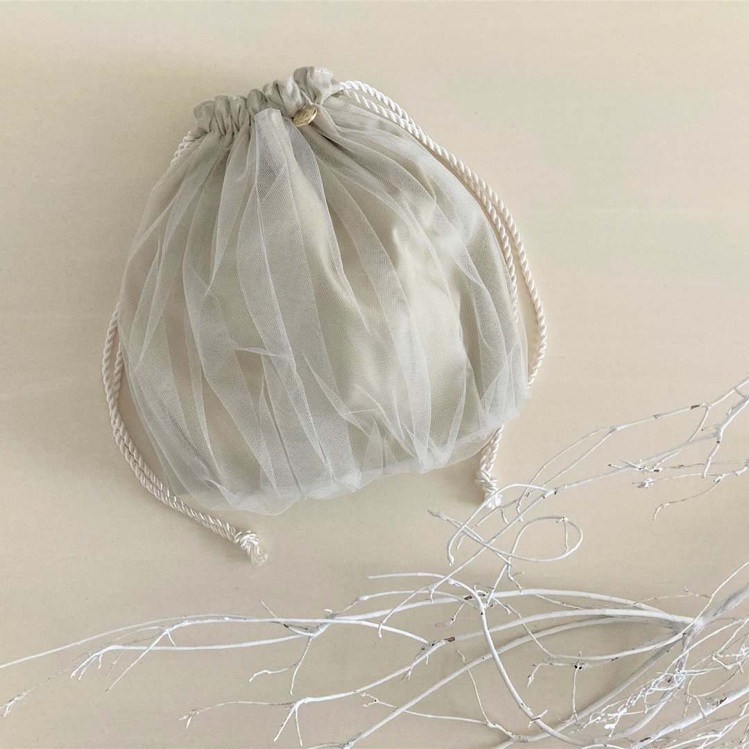 NEW 网纱抓褶束口袋 象牙米白 - 化妆包/杂物包 - 棉 卡其色