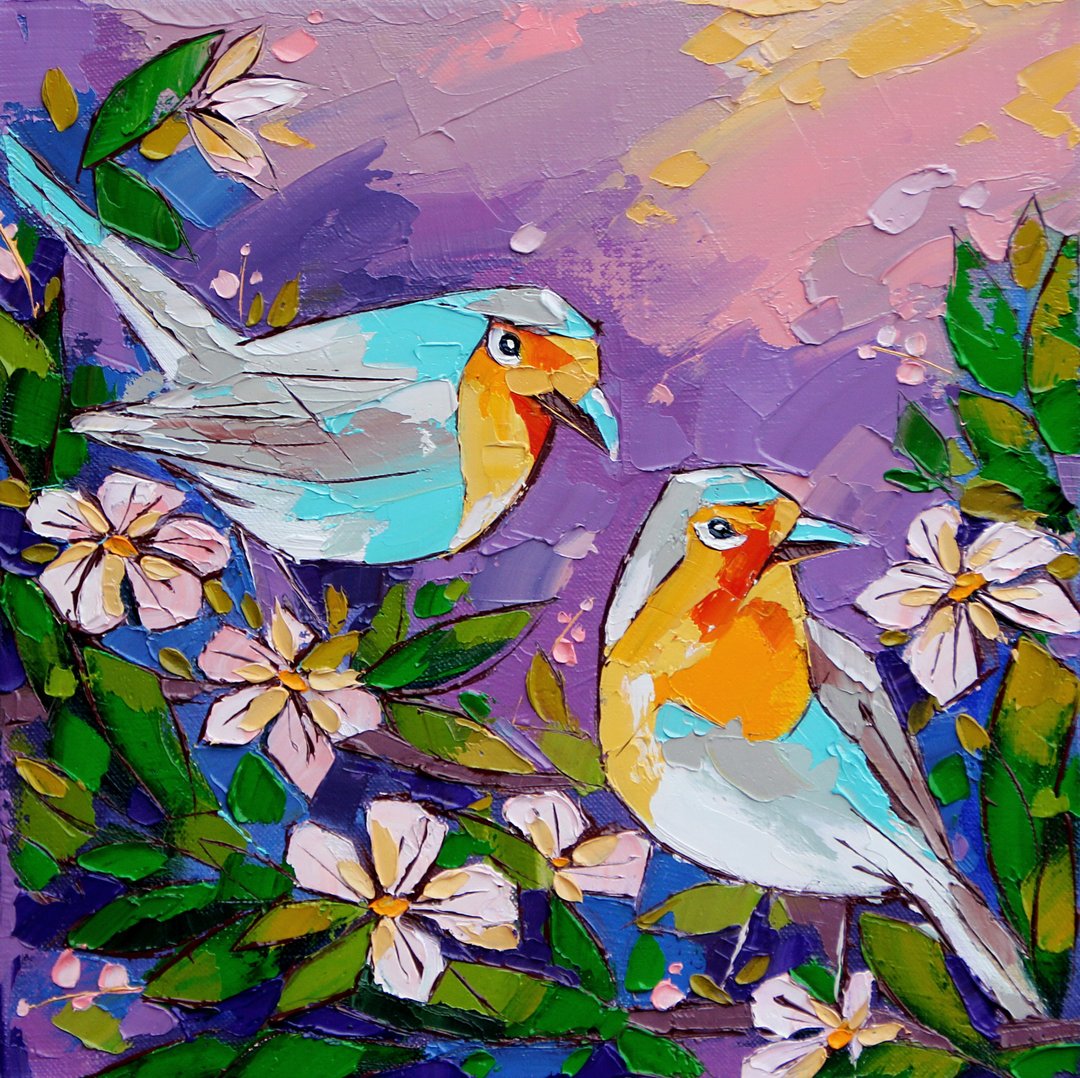 鸟类绘画花卉原创艺术农场艺术品浮雕墙艺术 30 x 30 厘米 - 海报/装饰画/版画 - 其他材质 紫色
