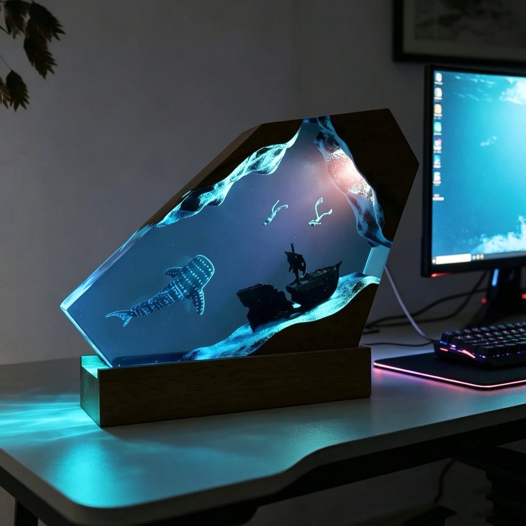 【客製】深海鲸鲨情侣自由潛/微景观装饰夜灯 /海洋禮物 - 灯具/灯饰 - 树脂 蓝色