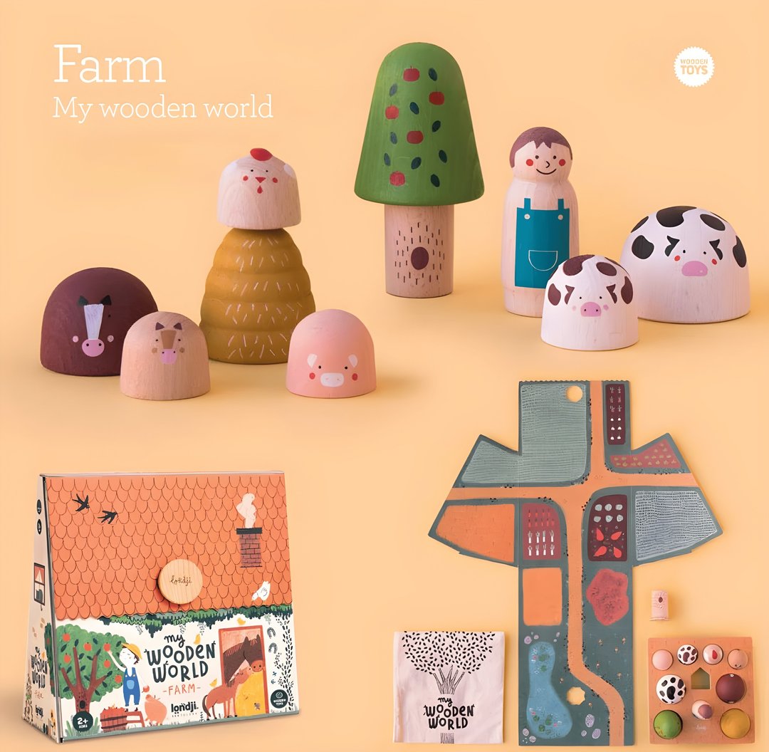 Londji-WOODEN WORLD FARM 农场积木玩具 (西班牙原装) - 玩具/玩偶 - 木头 多色