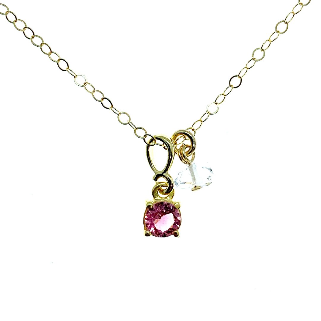 [April-October birthstone] Pink tourmaline and Herkimer diamond necklace (K14GF) that give vitality and courage to the heart - 项链 - 半宝石 粉红色
