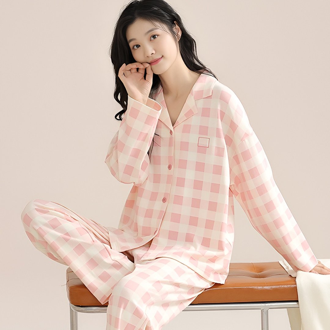 Pink Lady 成套两件式 长袖排扣睡衣 印花宽版 轻粉格纹 居家服 - 居家服/睡衣 - 棉 粉红色