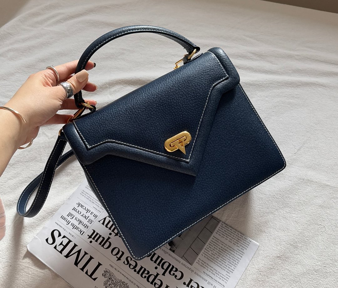 中古 Valentino Garavani 小 V 金扣 明线牛皮深丹宁配色 手提单肩包 - 侧背包/斜挎包 - 真皮 蓝色