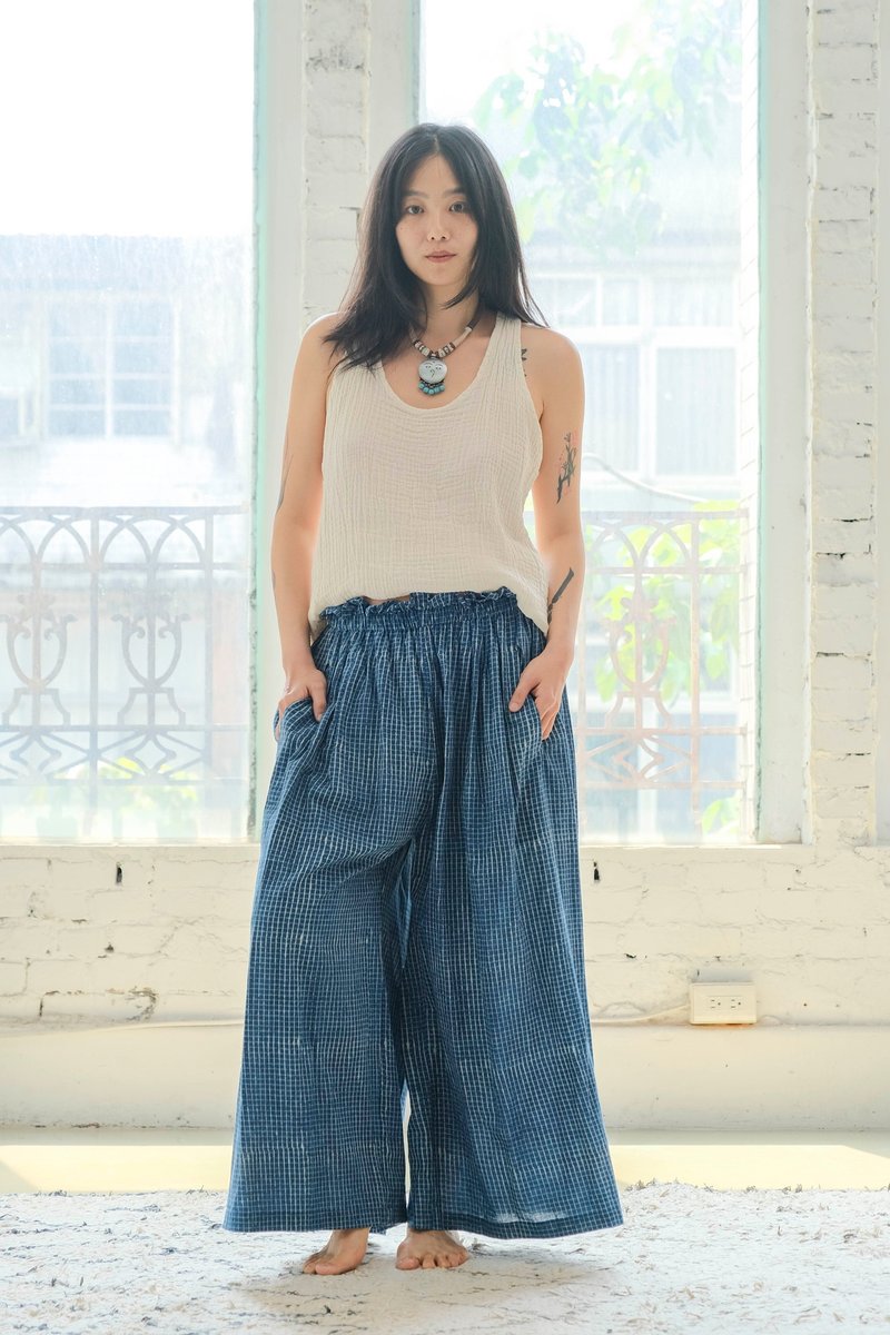 小格纹 indigo 宽裤 - 男士长裤 - 棉．麻 蓝色