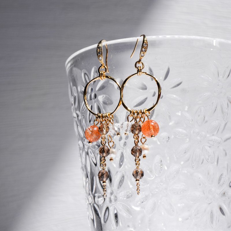 星帘 茶晶 金太阳 淡水 珍珠 水晶 耳环 - 耳环/耳夹 - 水晶 橘色