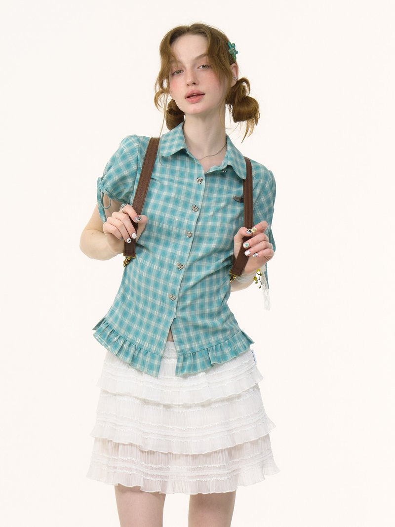 ziziFei夏季修身显瘦设计感上衣娃娃领蝴蝶结蓝绿格子短袖衬衫女 - 女装衬衫 - 其他材质 蓝色