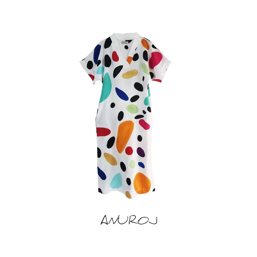 Long Dress Kaftan Cotton Rayon V Nack Hand Paint Free Size - 洋装/连衣裙 - 棉 多色