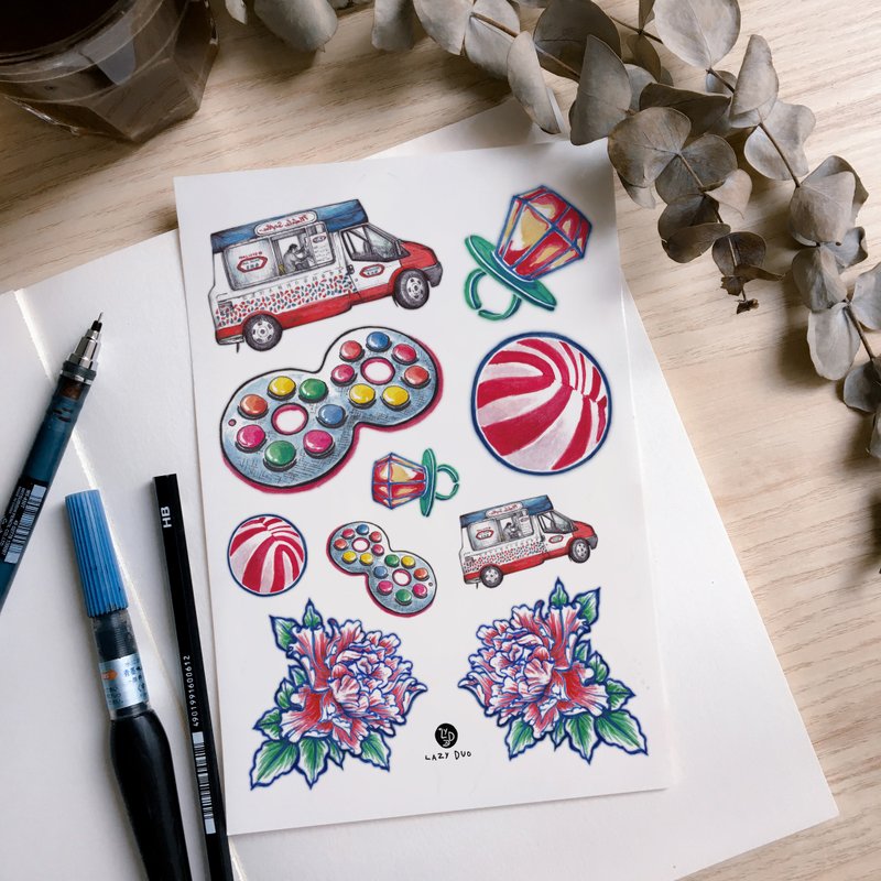怀旧香港零食玩具眼镜朱古力介子糖富豪雪糕车西瓜波刺青纹身贴纸 - 纹身贴 - 纸 多色