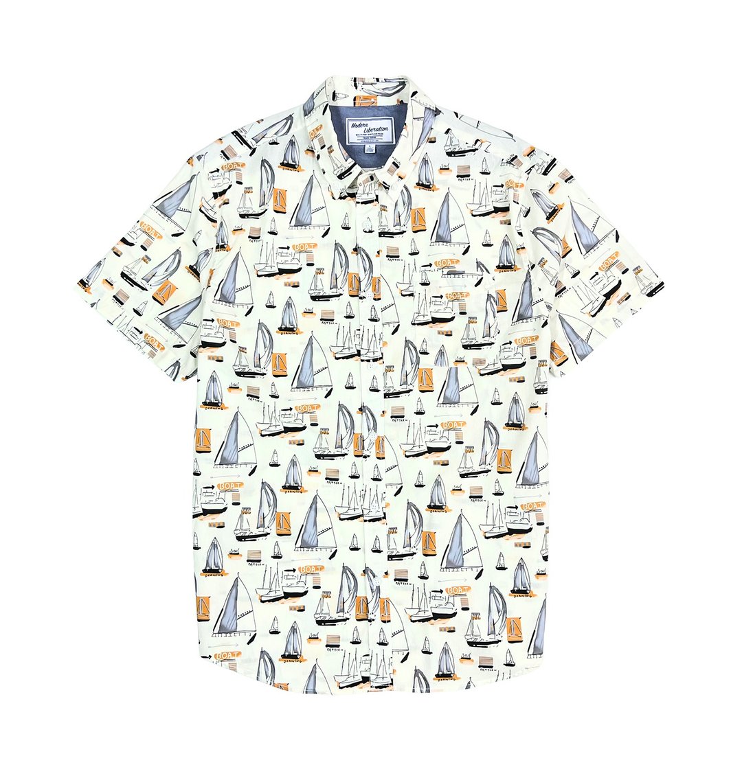 Men's Sail Boat Print Shirt 帆船图案衬衫 - 白色 - 男装衬衫 - 棉 白色