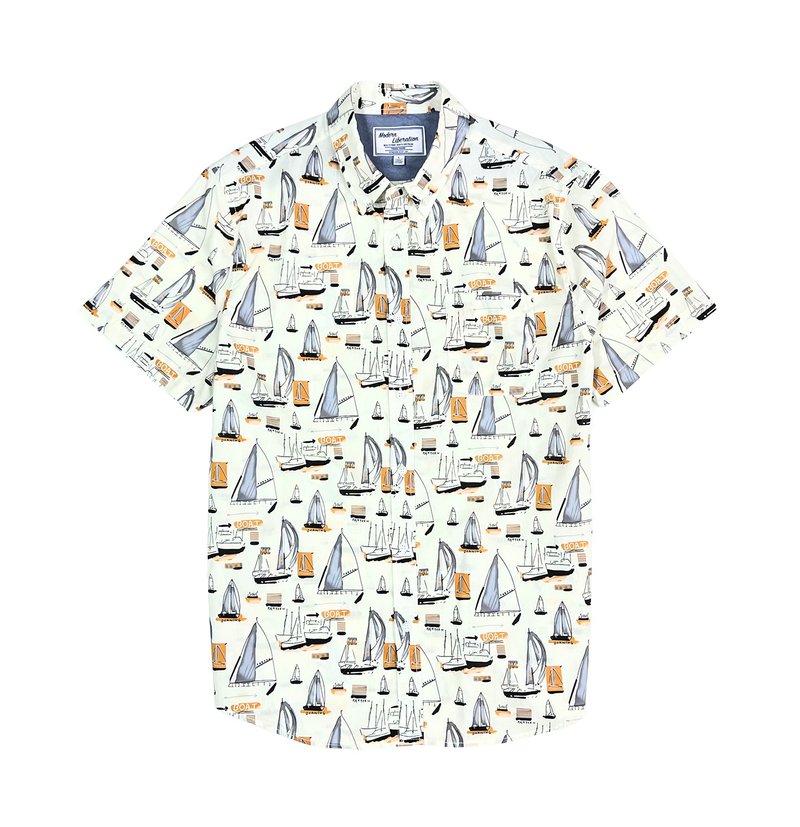 Men's Sail Boat Print Shirt 帆船图案衬衫 - 白色 - 男装衬衫 - 棉．麻 白色