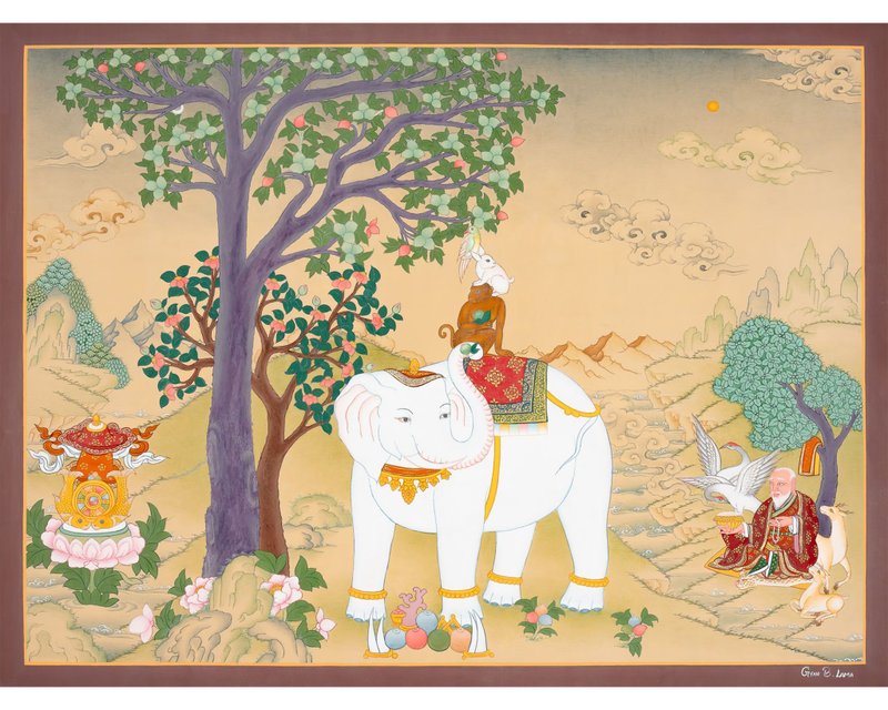 神圣的四和谐朋友唐卡——弘扬美德与团结的神圣艺术作品 - 墙贴/壁贴 - 其他材质 多色