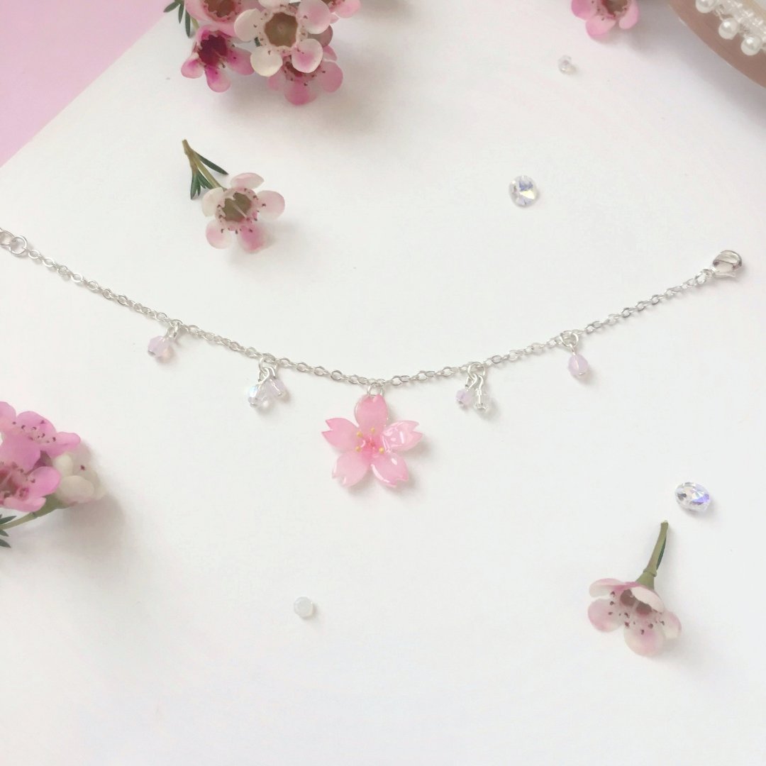 清新手绘粉樱花珍珠手錬 手链  <樱花系列限定款> - 手链/手环 - 水晶 粉红色